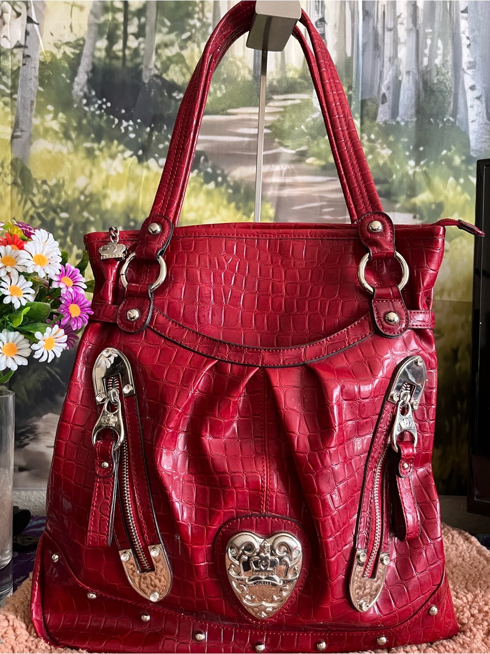 Kathy Van Zeeland Red Faux Crocodile Leather Shoulder Bag